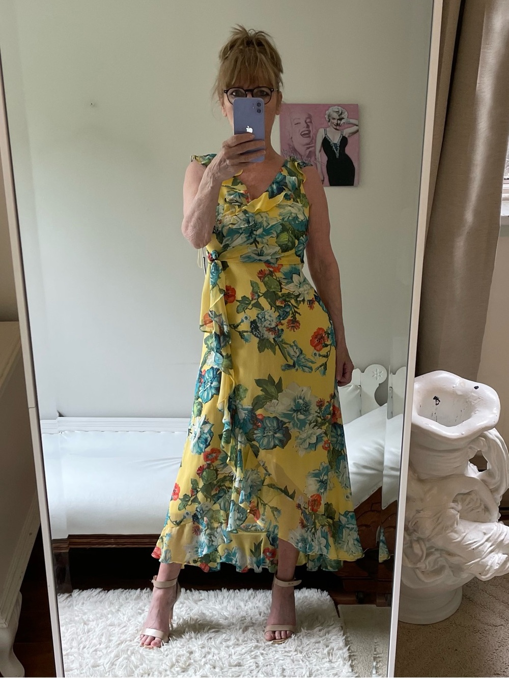 NWT SLEEVELESS YELLOW TEAL ORANGE TROPICAL FLORAL DRESS RUFFLES TIES